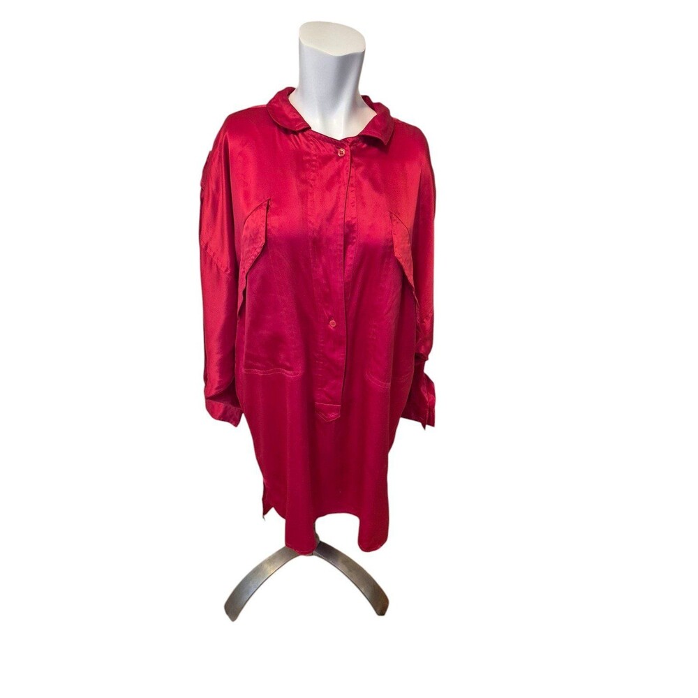 Vintage 80s Silk Blouse Faux Flap Pockets Red One Size